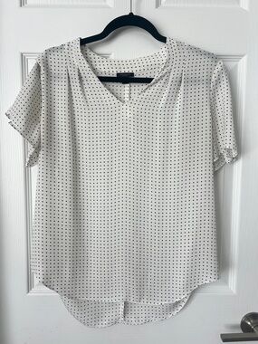 Ann Taylor white Blouse with Black Micro Dot Print